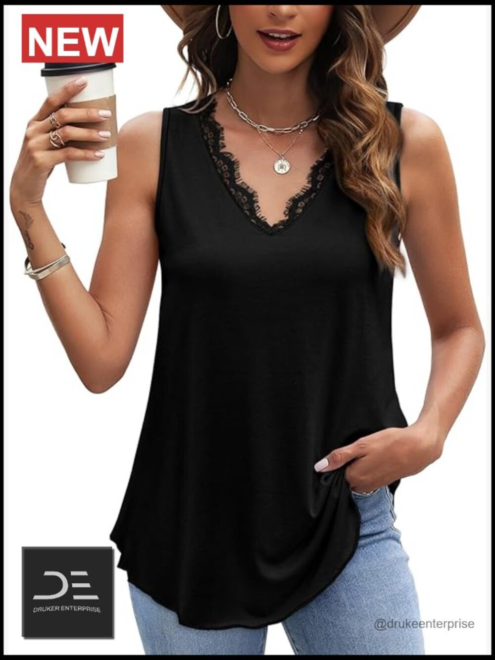 Loose Fit V Neck Lace Sleeveless Tank Top